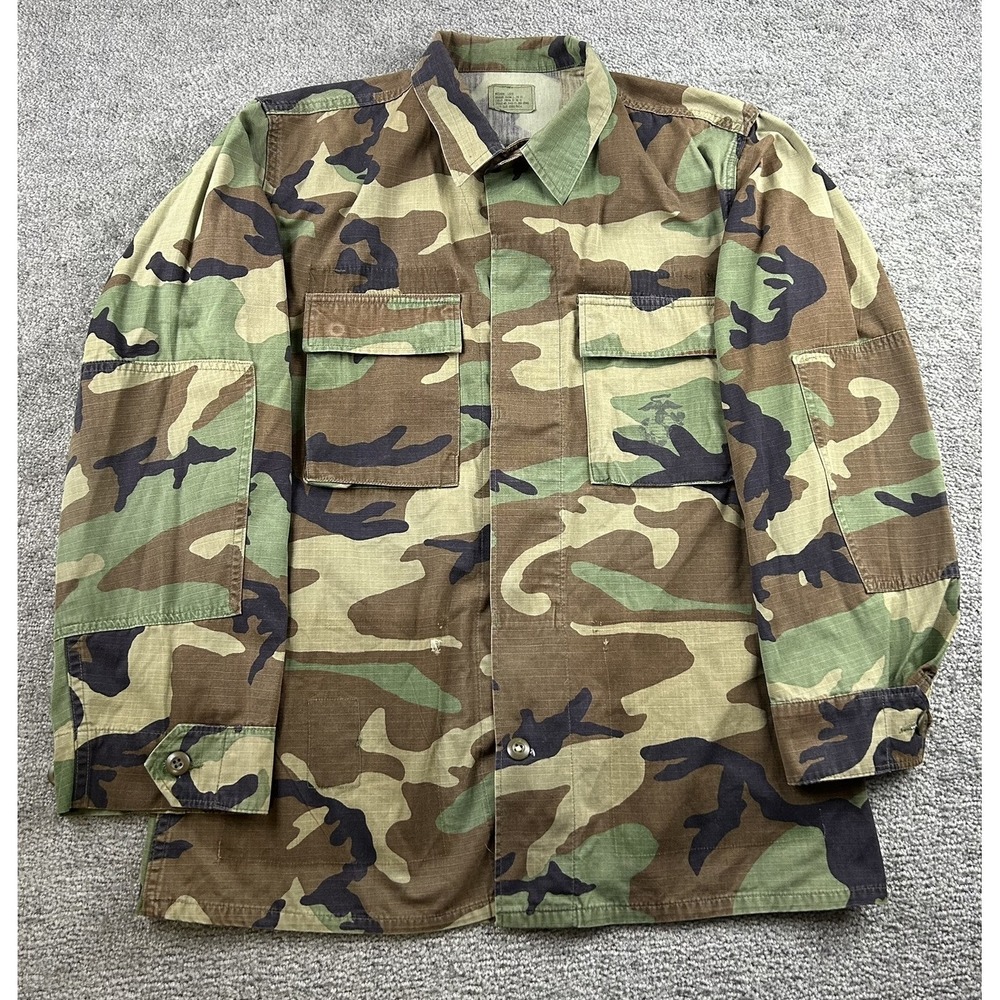 Vintage US Military Woodland Camo BDU Shirt USMC Ripstop Medium Long Camouflage